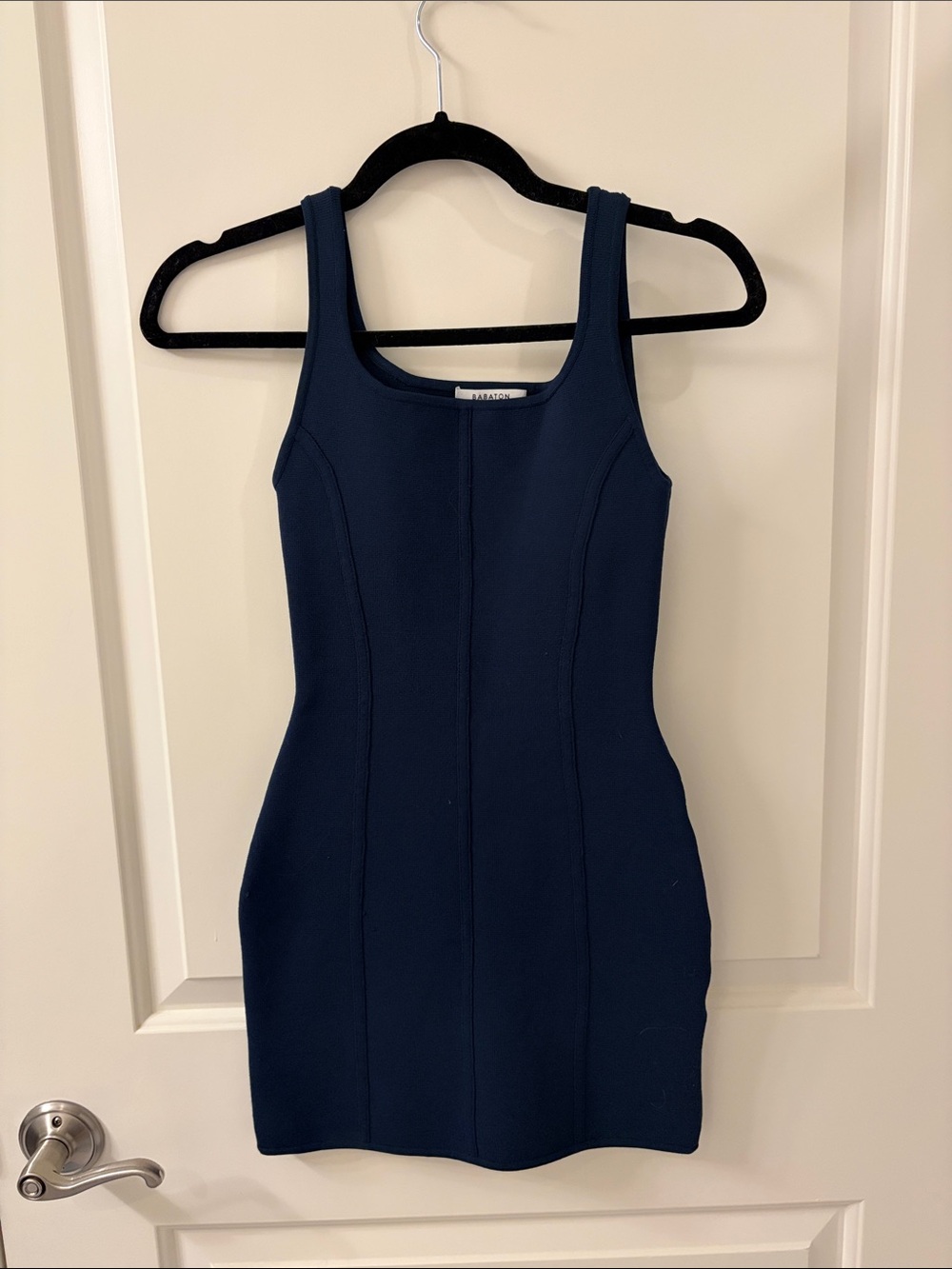 Babaton Navy Sculpted Tank Mini Dress- some of the threads are out on the back